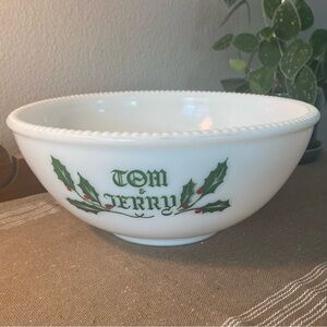 Vintage Hazel Atlas Tom and Jerry Milk Glass Christmas Bowl Holly Punch Bead Rim